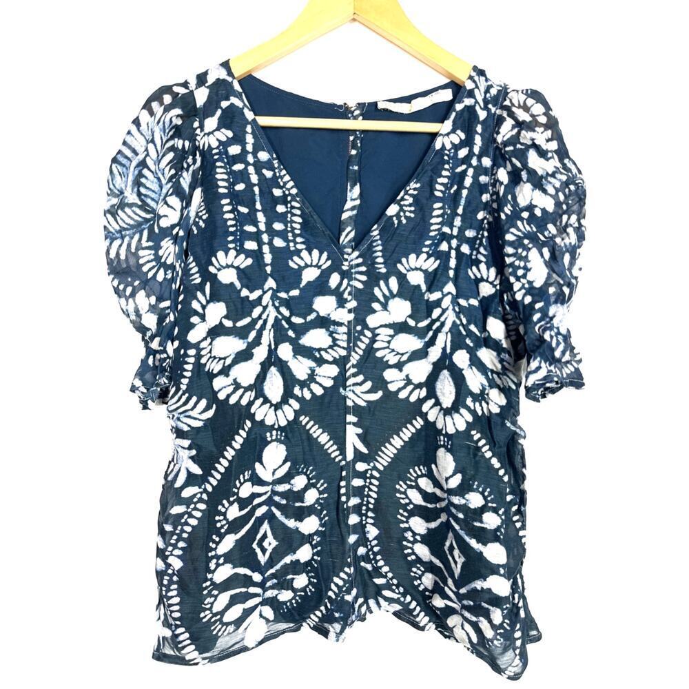 Marie Oliver Augustine Top Floral Linen Silk Blend Puff Sleeve Blouse Blue Small - Picture 4 of 8